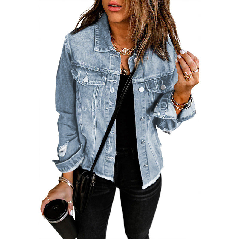 Women's Solid Color Single Row Washed Denim Cardigans
