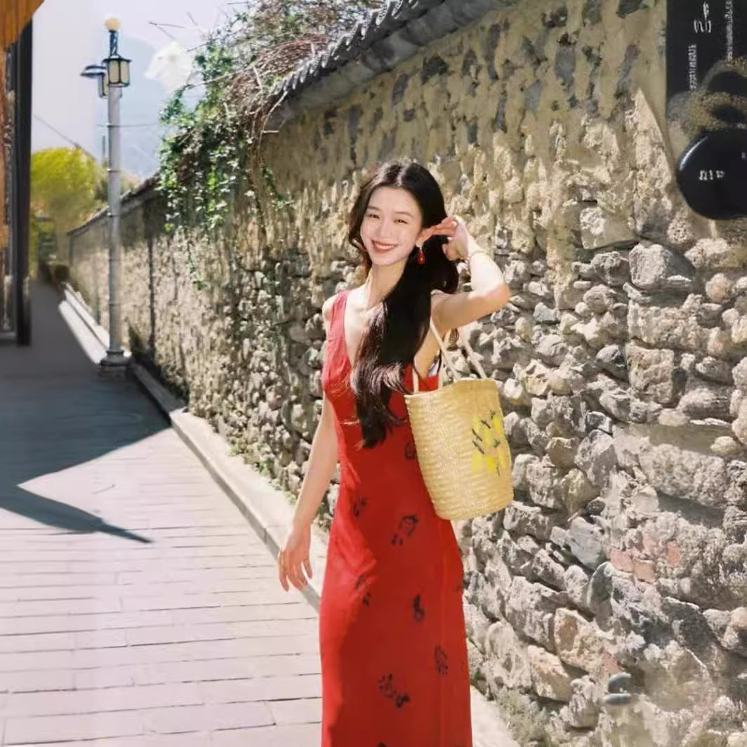 Women's Elegant Green Wine Red Retro Printed Dresses