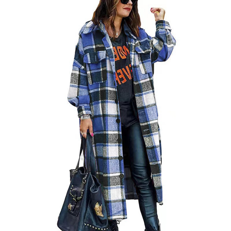 Women's Long Sleeve Loose Button Plaid Shirt Coats