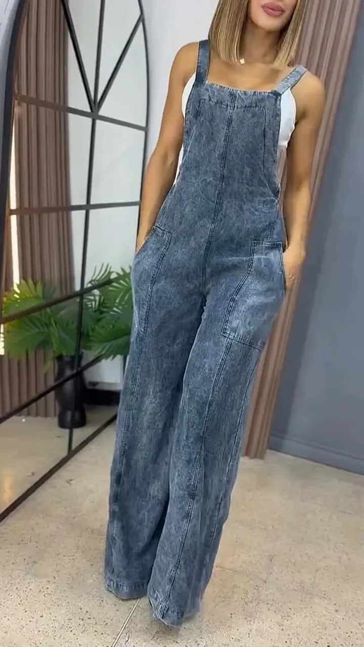 Women's Fashion Wash Denim Suspender Pocket One-piece Jeans