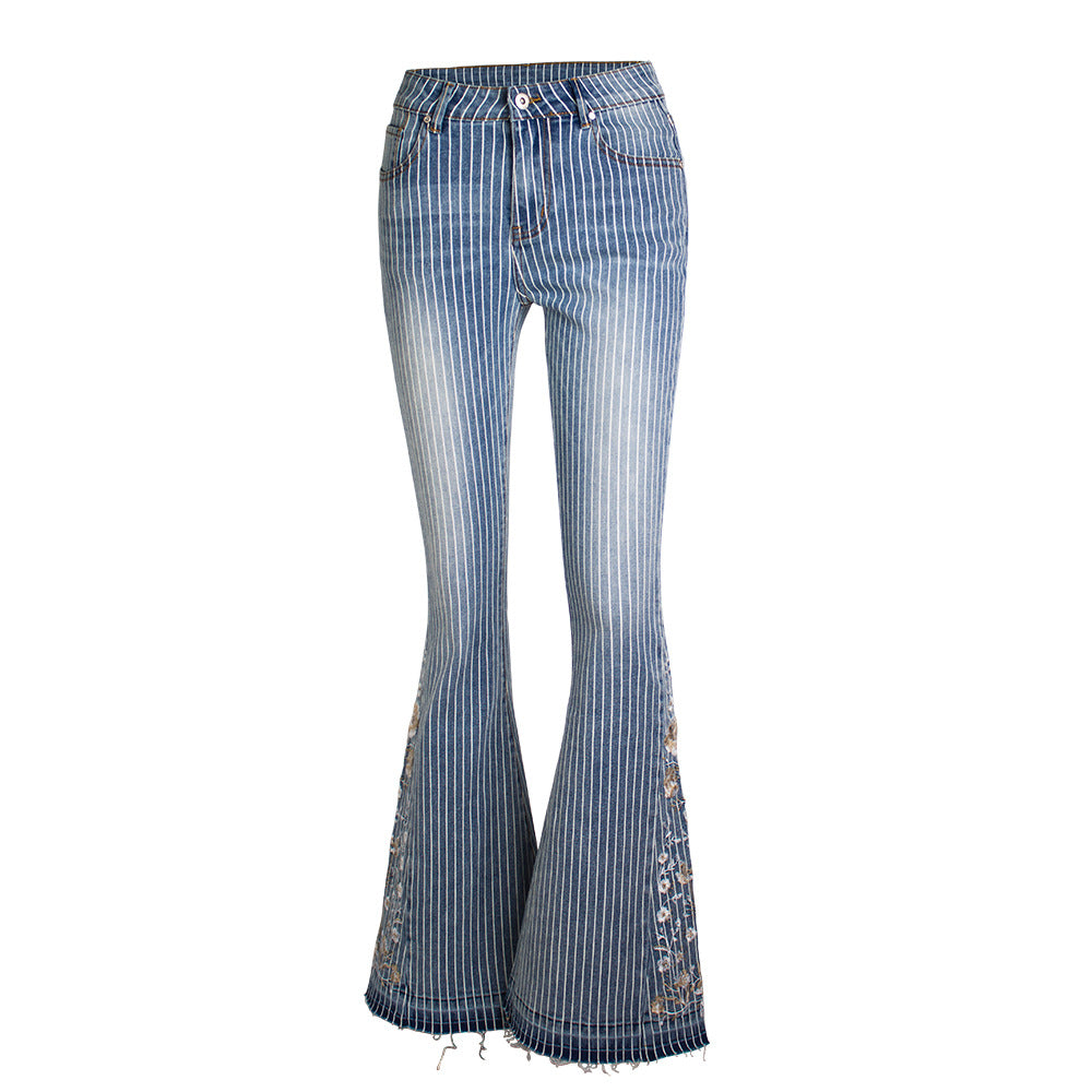 Women's Flared Three-dimensional Embroidery Trousers Striped Bell-bottom Jeans