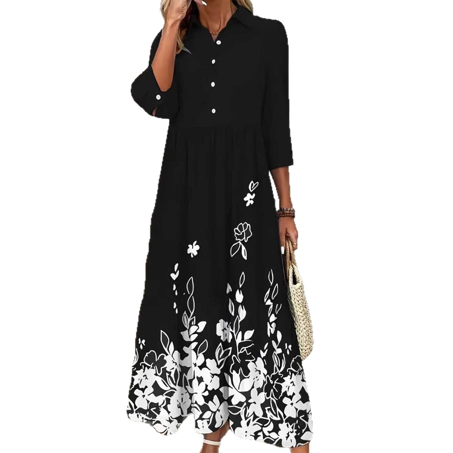 Women's Autumn Print Sleeve Buttons Loose Wear Dress