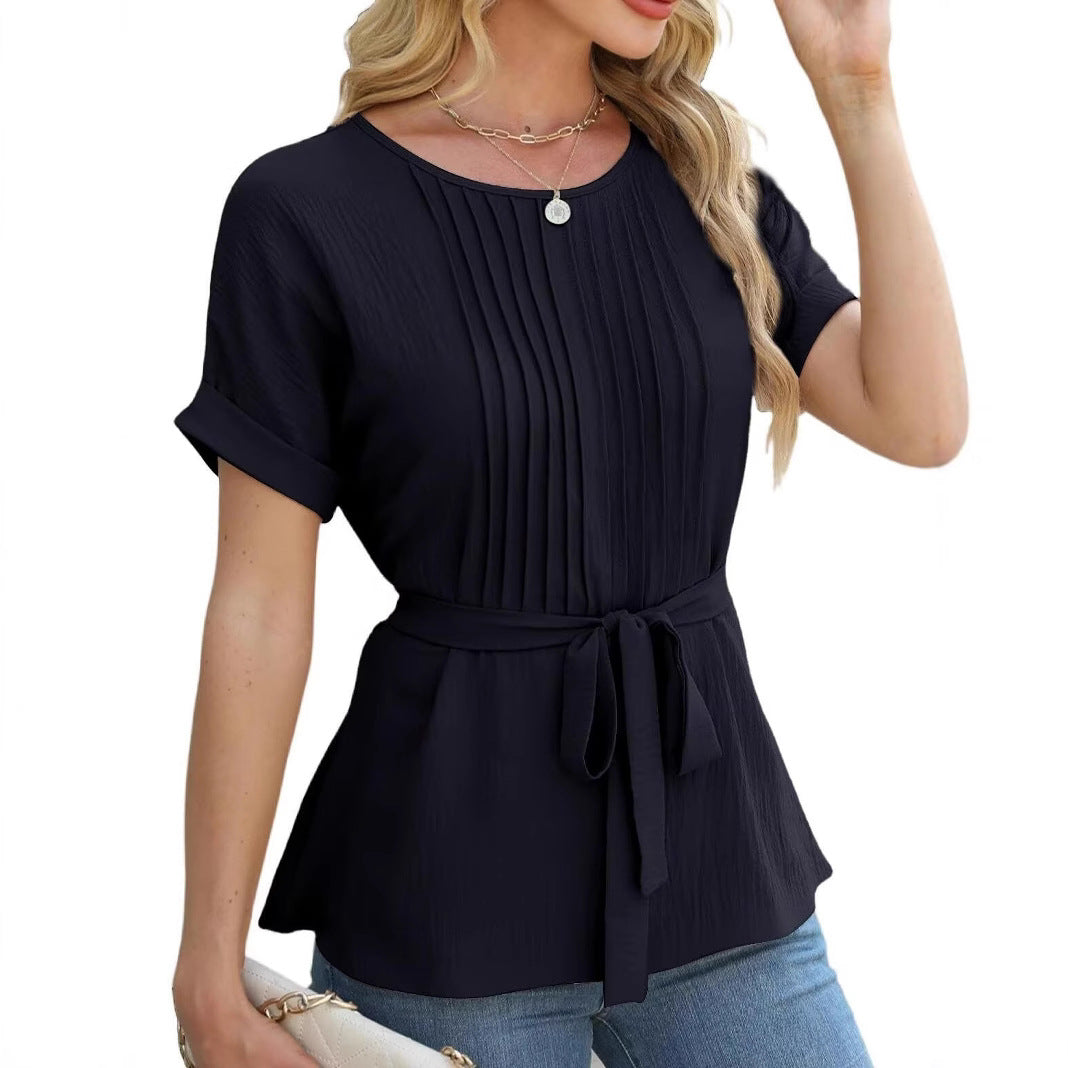 Women's Casual Shirt Ruffled Pleated Round Neck Blouses
