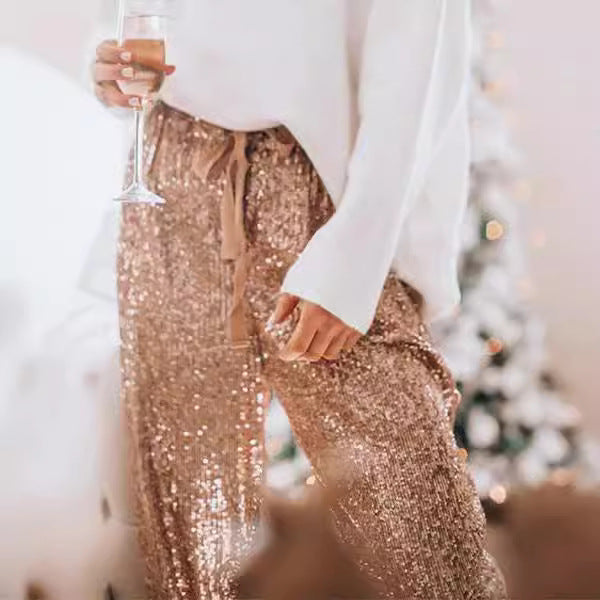 Sequin Sequined Drawstring High Waist Leg Pants