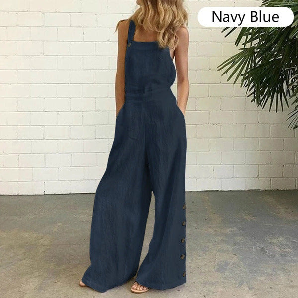 Women's Sleeveless Side Pocket Casual Wide Leg Jumpsuits
