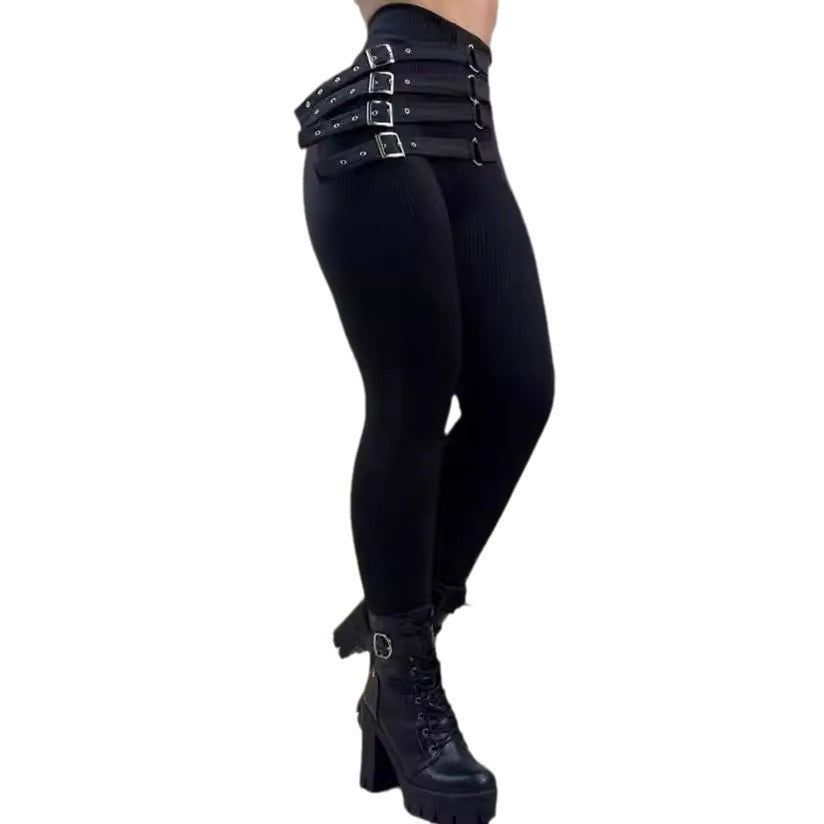 Women's Waist Buckle Tights Pencil Slim Fit Pants