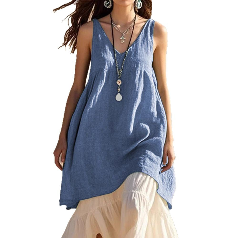 Women's Fashion Sleeveless Cotton Linen Solid Color Dresses