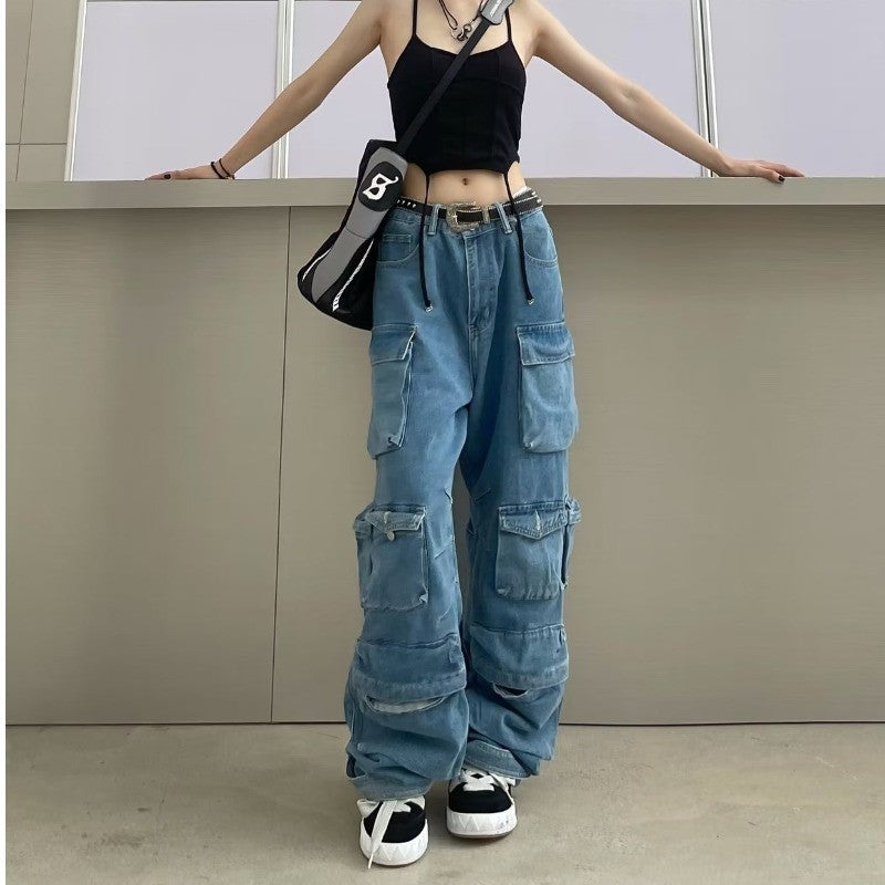 Women's Gray Stitching Cargo Street Washed Worn Pants