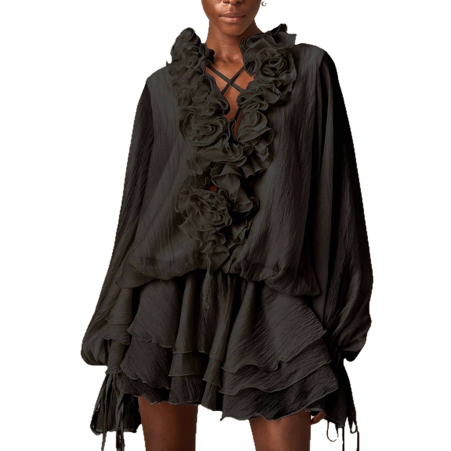 High-grade Three-dimensional Flower Strap Lantern Sleeve Ruffled Dresses