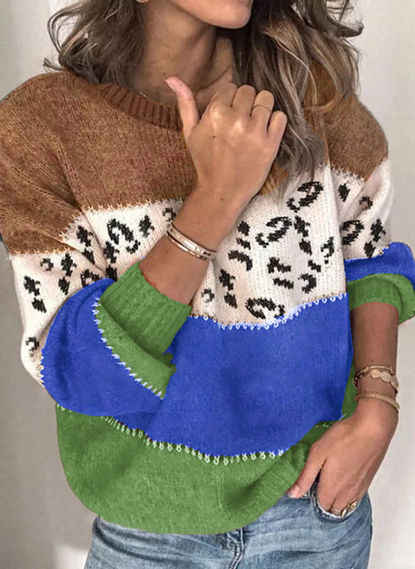 Leopard Splicing Fashionable Knitted Pullover Knitting Knitwear