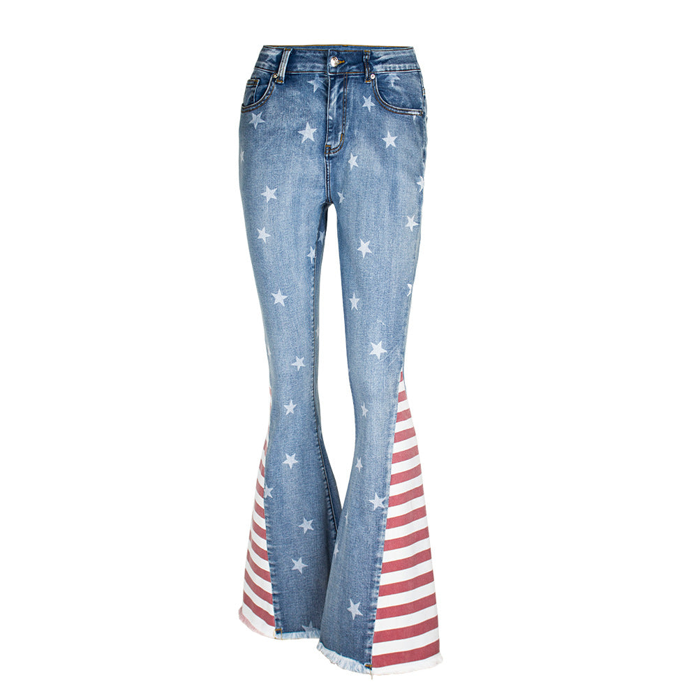 Women's Mixed Color Stripe Printed Pattern Mop Jeans