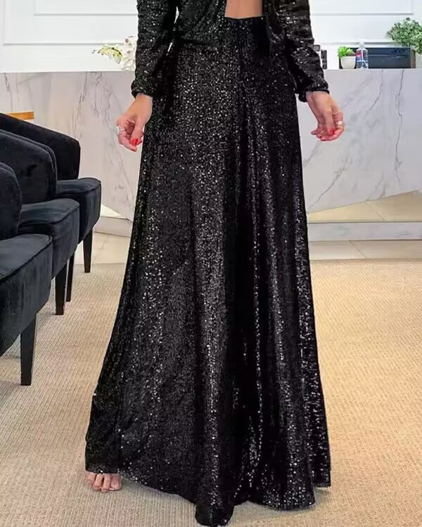 Elegant Commuter Everyday Style Pure Color Sequins Wide Pants