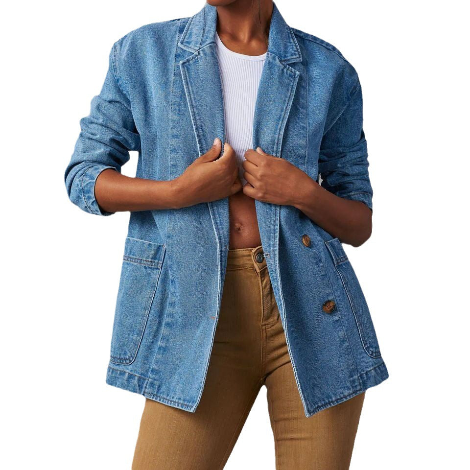 Women's Fashion Leisure Washed-out Blue Denim Suits