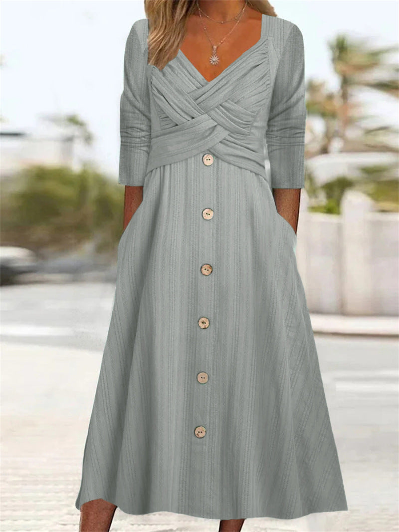 Women's Color Long Sleeve Cross Button Casual Dresses