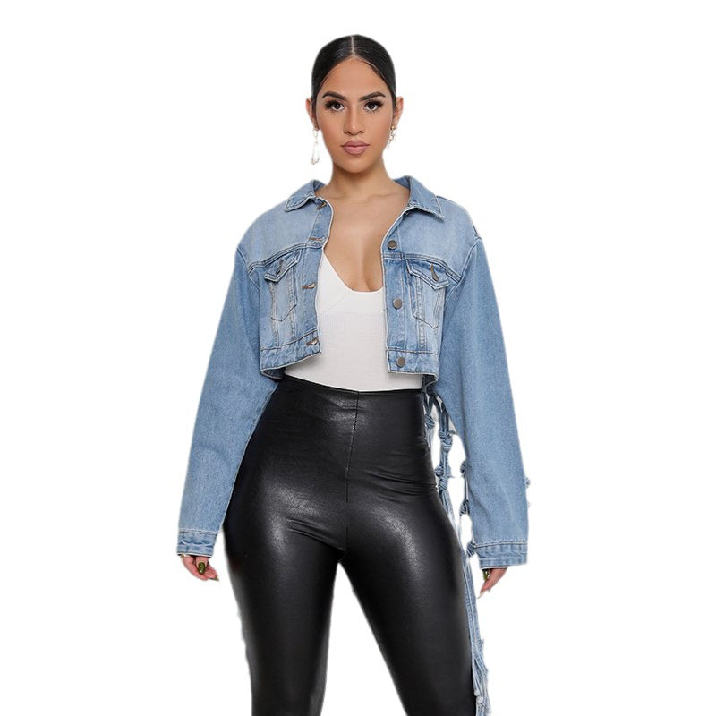 Knitted Belt Denim Blue Washed Loose Jackets