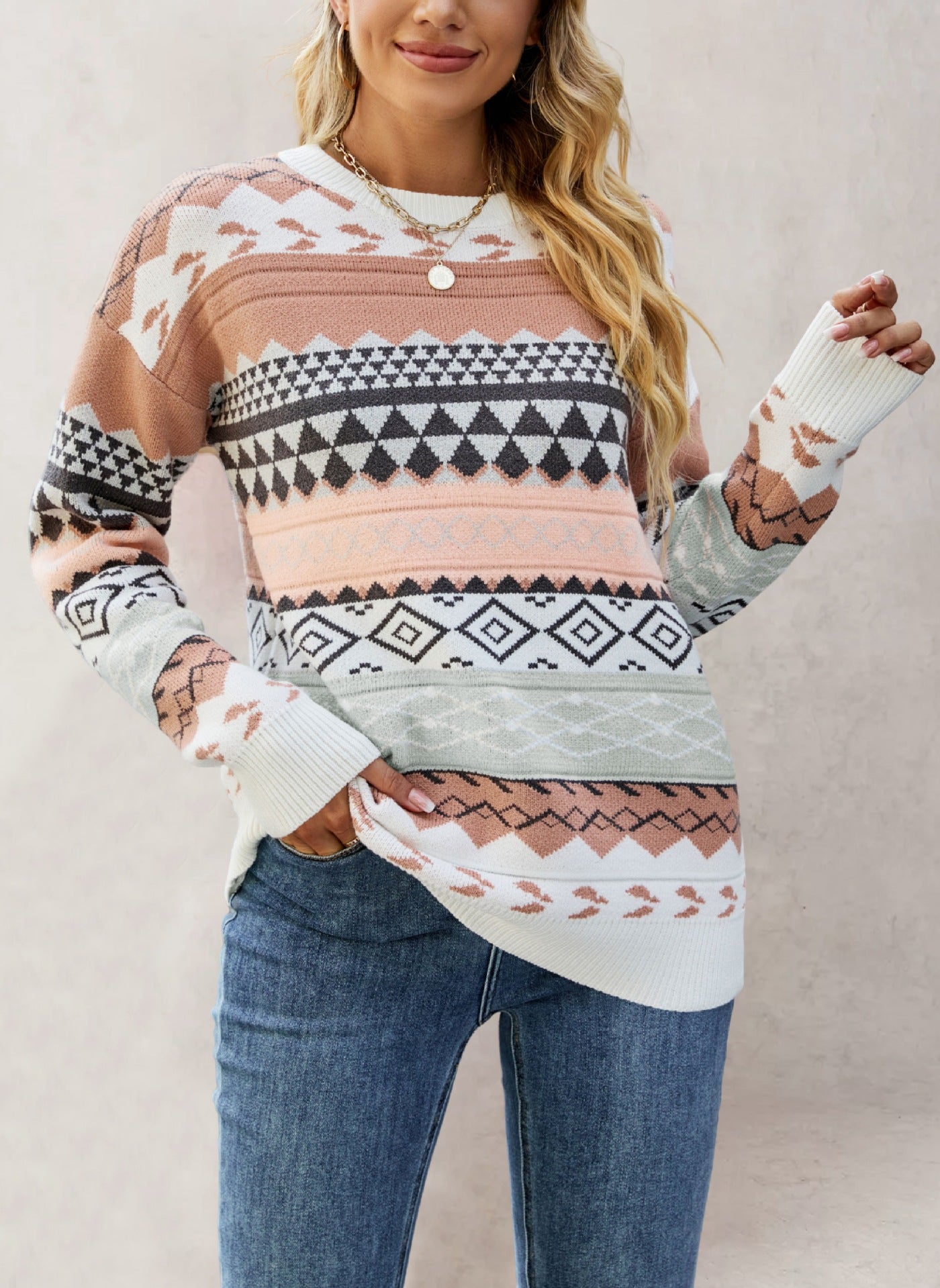 Women's Pattern Rhombus Jacquard Mosaic Pullover Vintage Sweaters