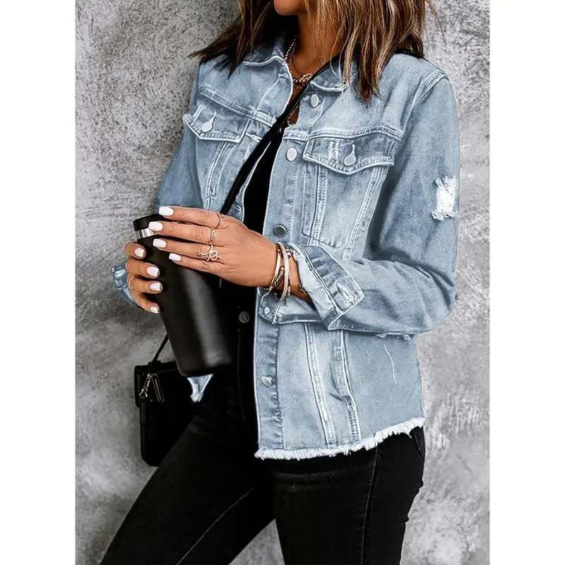 Women's Denim Washed Shabby Lapel Long Sleeve Tops