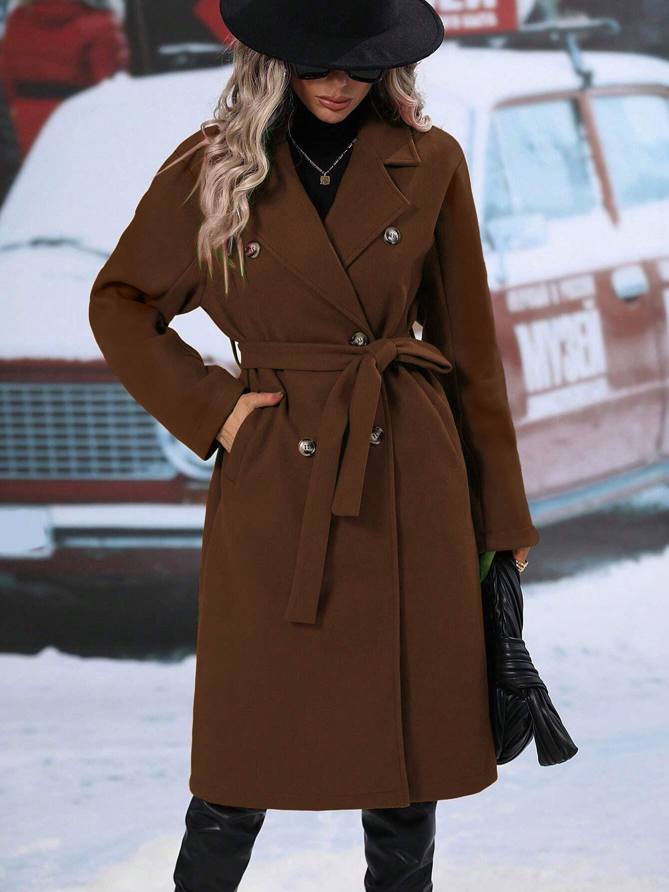 Women's Collar Woolen Double Breasted Outerwear Coats