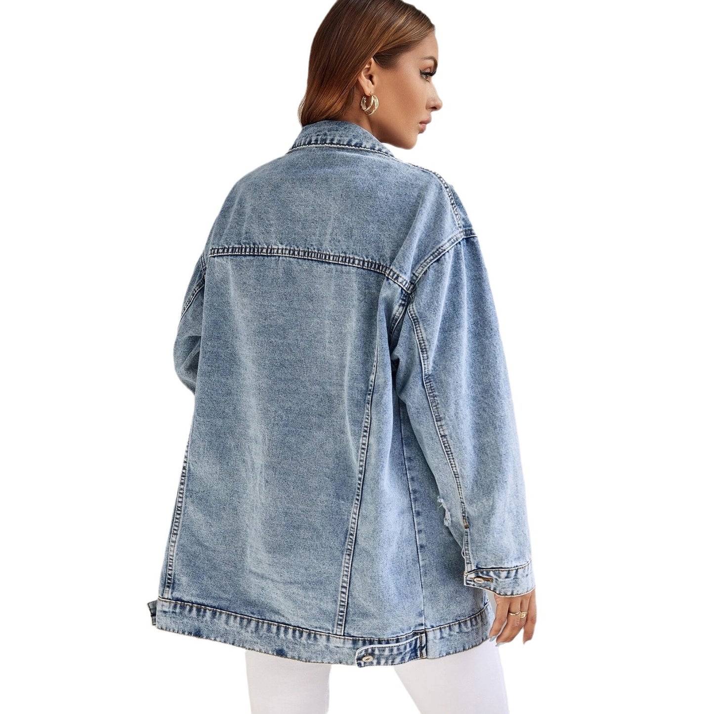Women's Denim Ripped Distressed Loose Mid-length Jackets