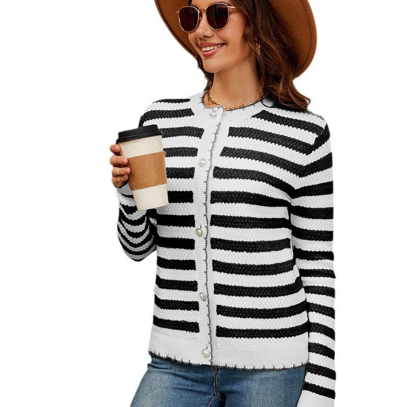 Women's Fashion Striped Button Knitted Xi Sweaters