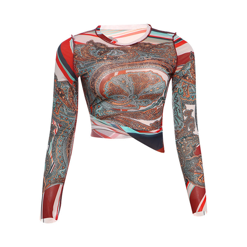 Women's Winter Personality Street Collar Long Sleeves Mesh Abstract Printing Blouses