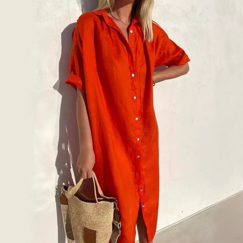 Women's Elegant Casual Loose Sleeves Button Dress Cotton Dresses