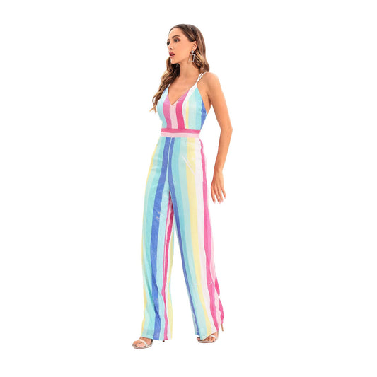 Women's Striped Sequined Deep V One-piece Casual Pants