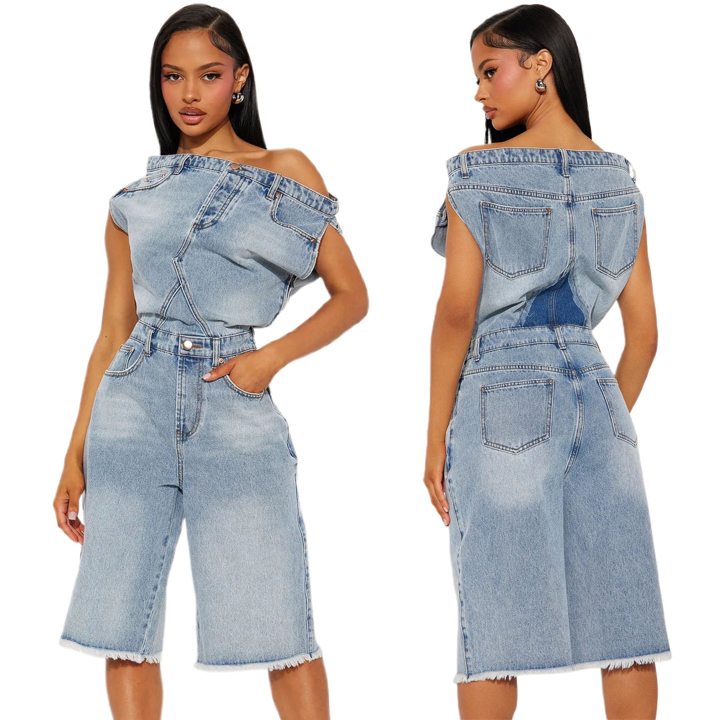Casual Fashion Tube Slim Fit Denim Jumpsuits