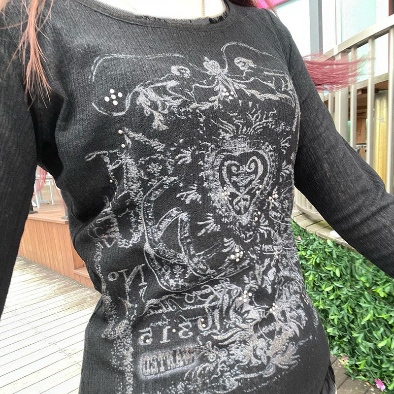 Totem Print Stitching Lace Sense Long Blouses