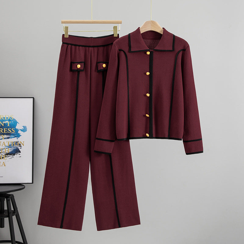 Women's Knitting Neck Pullover Wide Leg Trousers Suits