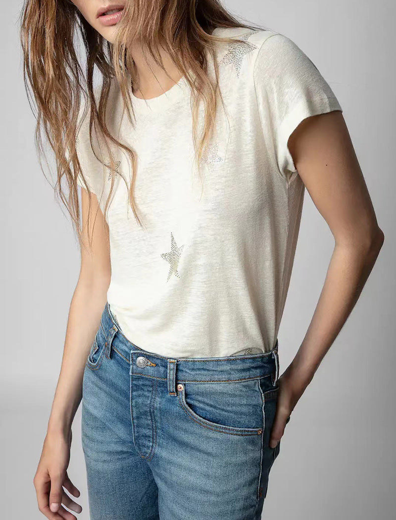 Women's Niche Pattern Rhinestone Linen Round Neck Short-sleeved Blouses