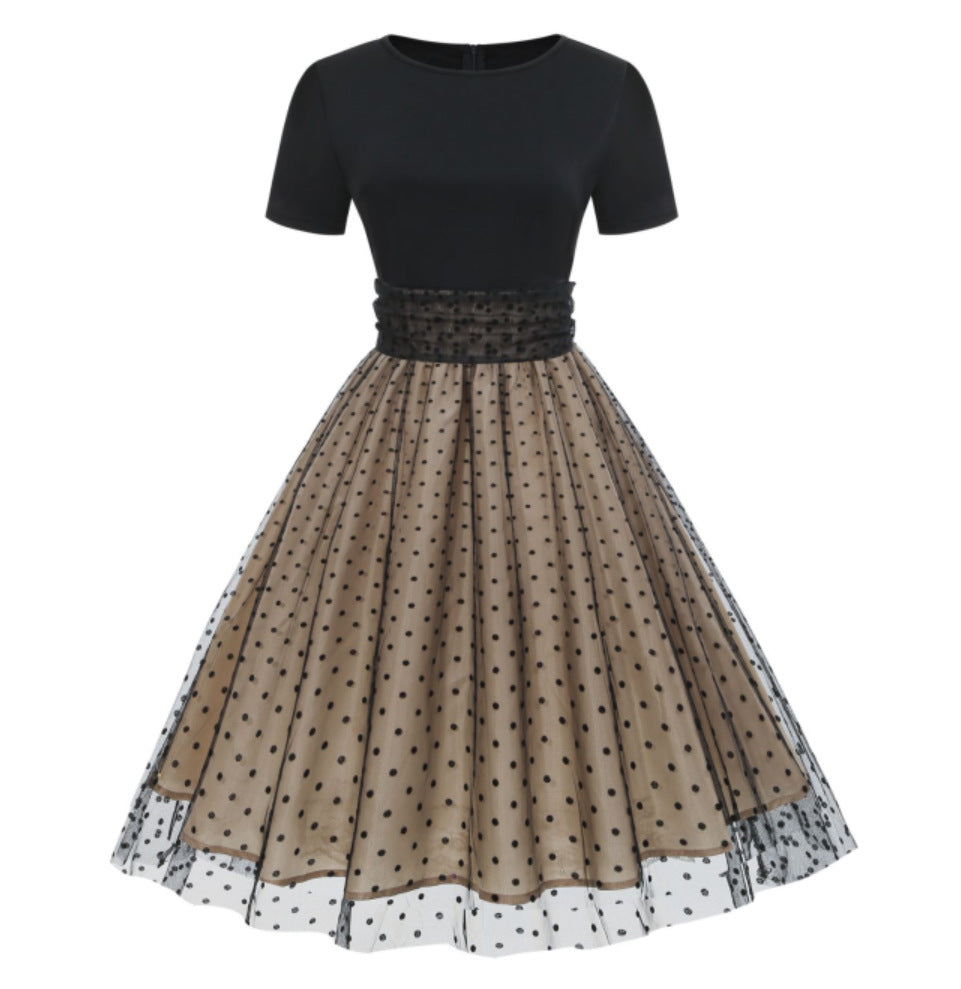 Polka Dot Stitching Retro Hepburn Dress Light Luxury Dresses