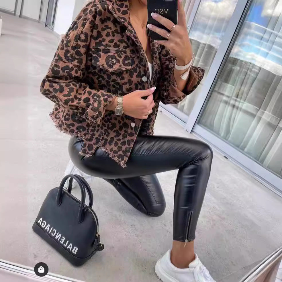 Women's Hipster Washed Old Leopard Print Frayed Jackets