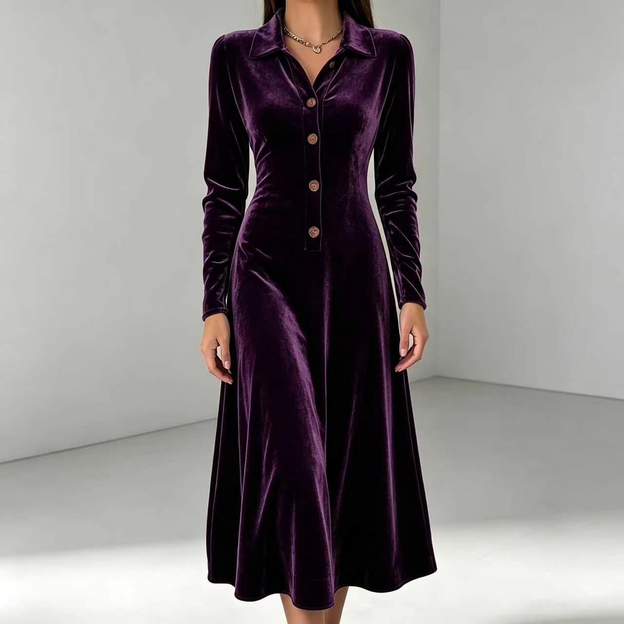 Veet Collar Solid Color Buttons Knitted Dress