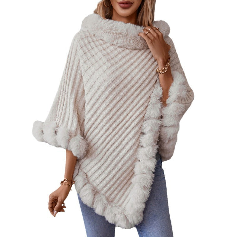 Women's Color Fur Collar Pullover Thick Retro Plaid Knitwear