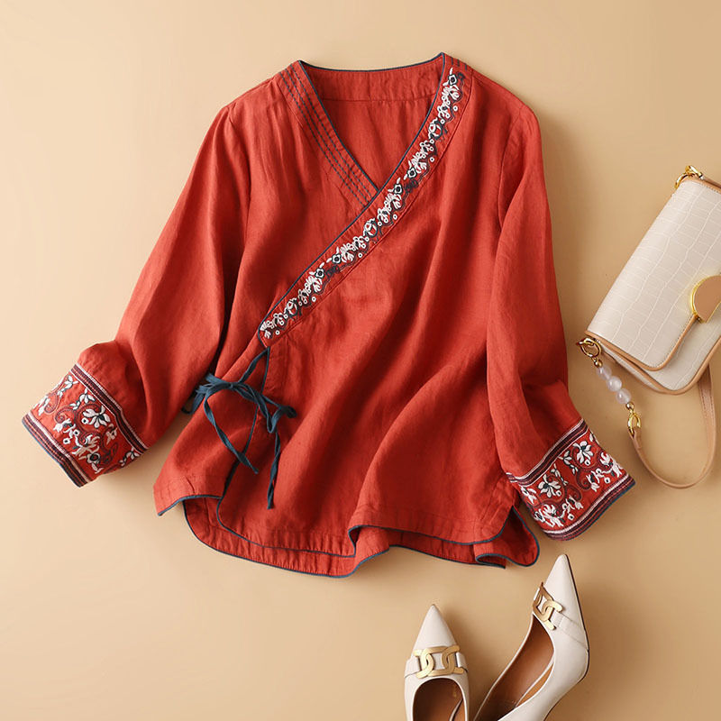 Women's Cotton Linen Diagonal Embroidered Artistic Retro Loose Improved Blouses