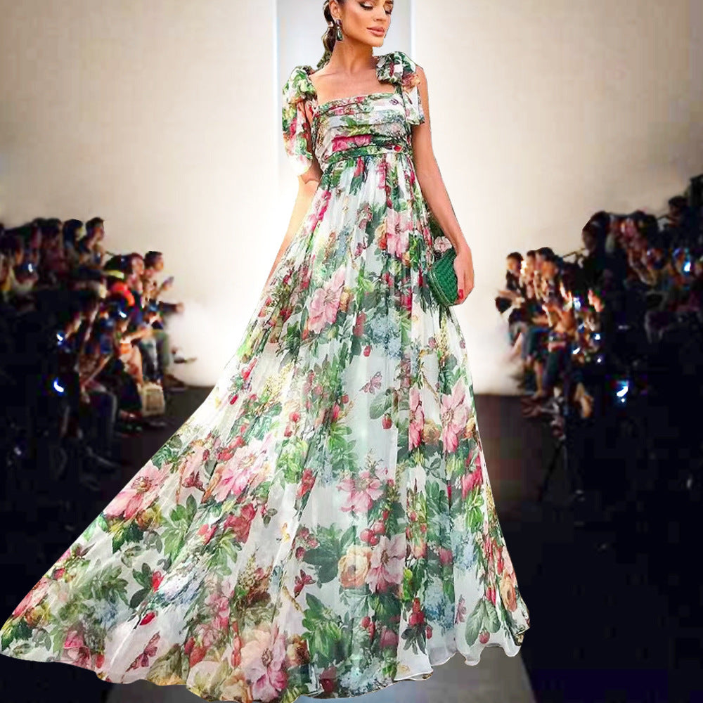 Women's Rose Print Pleated Wrapped Chest Wide Hem Strap Dresses