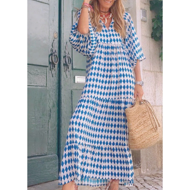 Women's Autumn Geometric Collage Puff Sleeve Dress Street Clothing