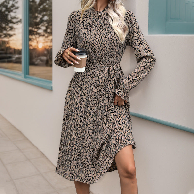 Commuter Date Ruffled Geometric Printed Long-sleeved Dresses