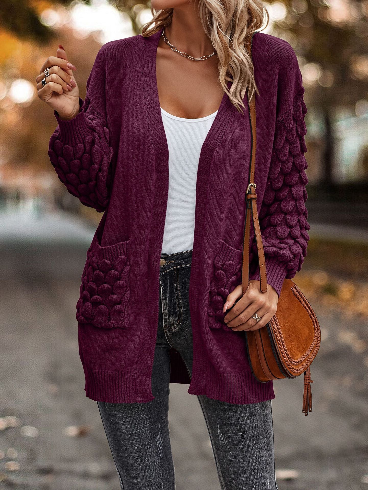 Feather Solid Color Long Sleeve Knitted Sweaters