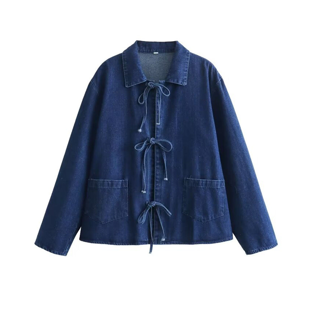 Women's Spring Lapel Bowknot Decoration Long Sleeve Pocket Washed Jackets