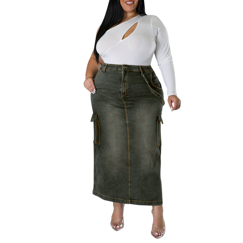 Women's Large Denim Decorative Sleeveless Split Source Skirts