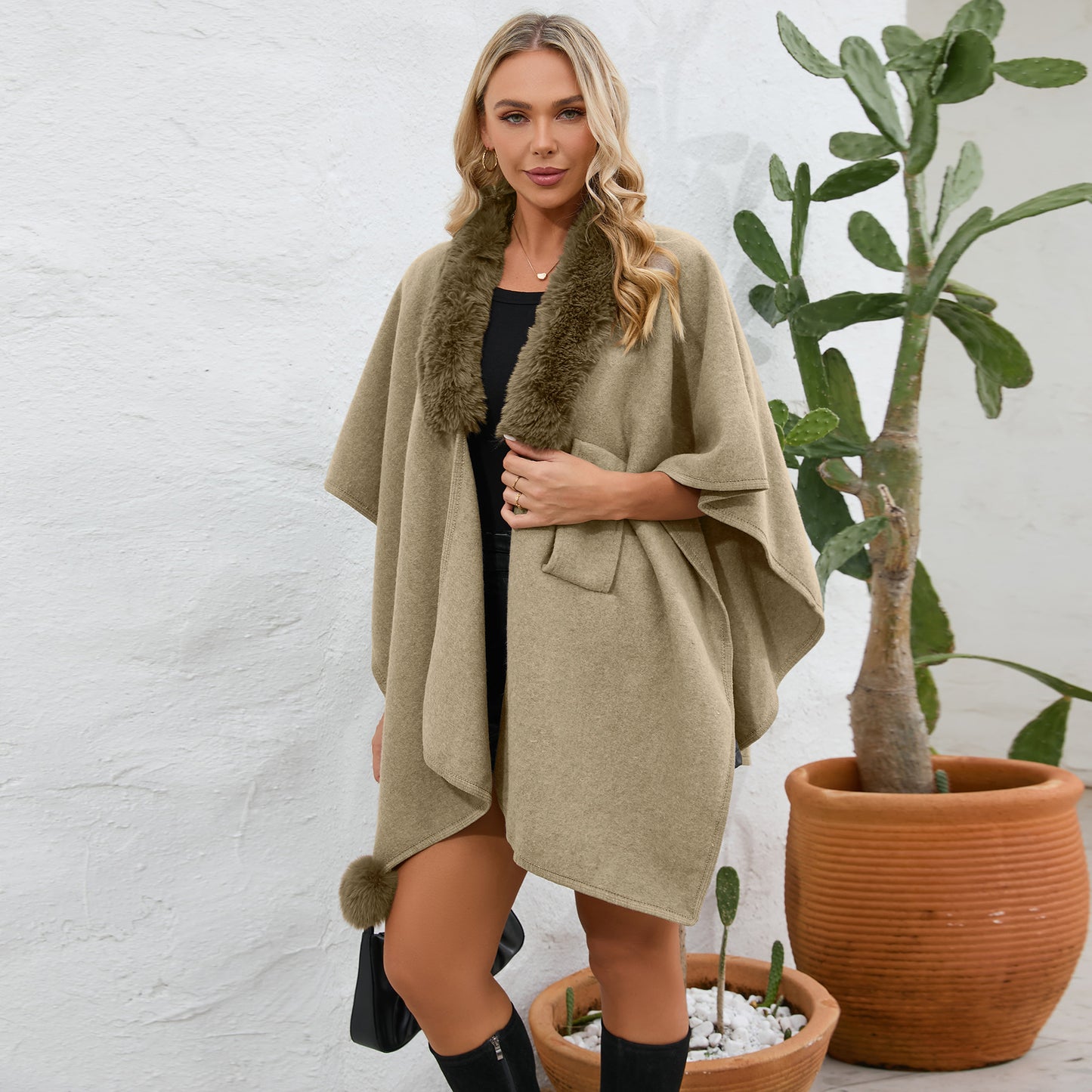 Women's Fur Collar Cape Shawl Female Loose Knitted Coats
