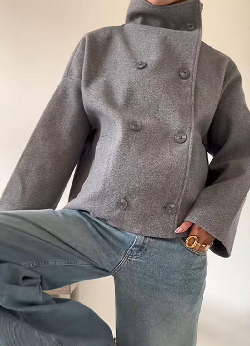 Women's Graceful Stand Collar Double Breasted Long Sleeve Solid Coats