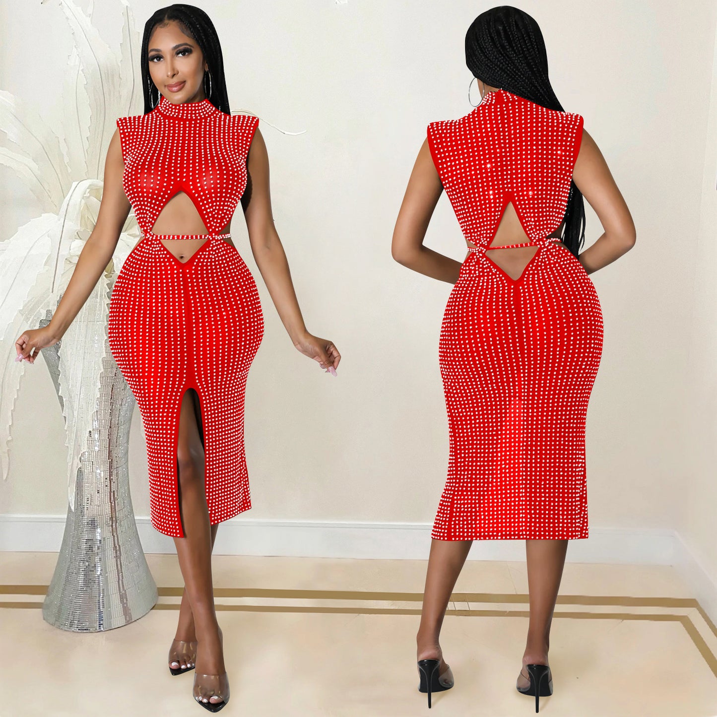 Women's Fashion Sexy Mesh Rhinestone Hollow Split Dresses