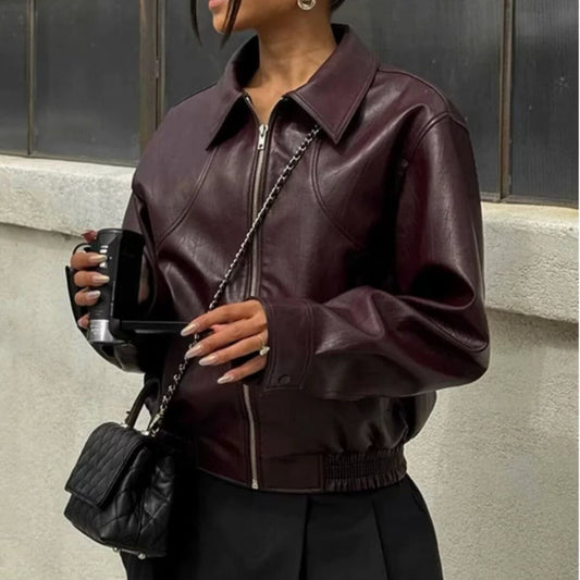 Women's American Retro Simple Lapel Zipper Leather Jackets