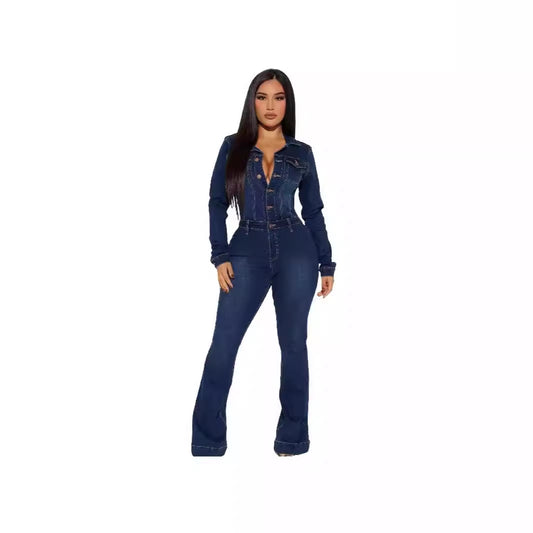 Collar Single-breasted Slim Fit Long Sleeves Cowboy Jumpsuits