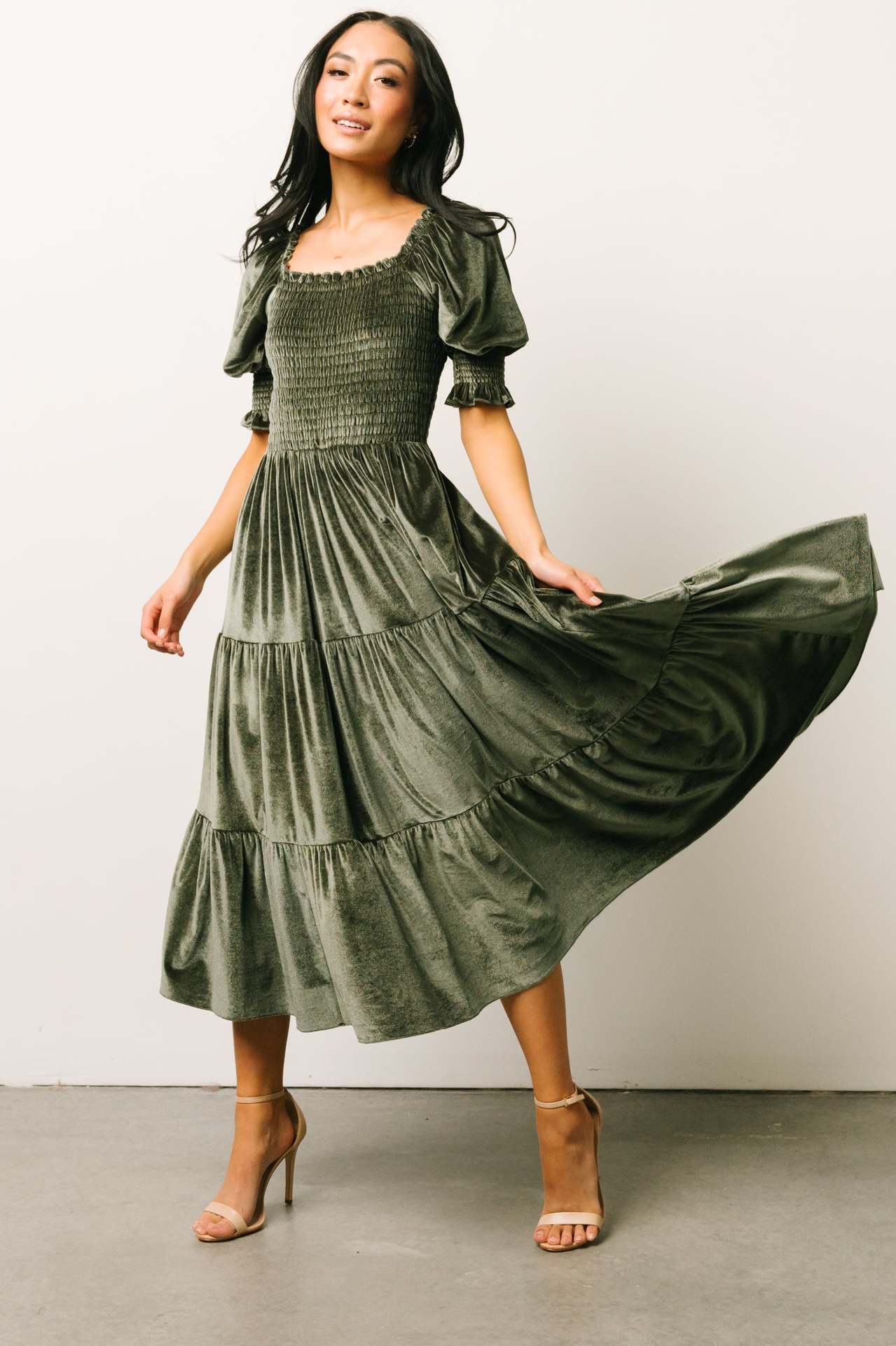 Gold Veet Square Collar Ruffled High Waist Dresses