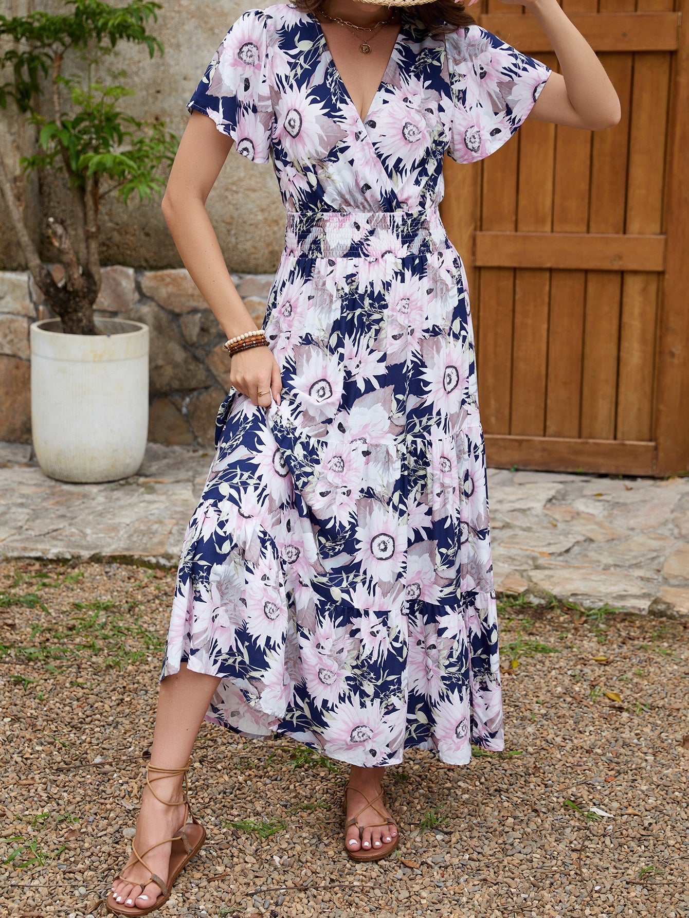Women's Rayon Printed Sleeve Vacation Style Waist Slimming Dresses