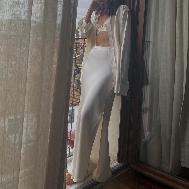 Women's Satin Draping Mop Long Dress Fashion Side Skirts